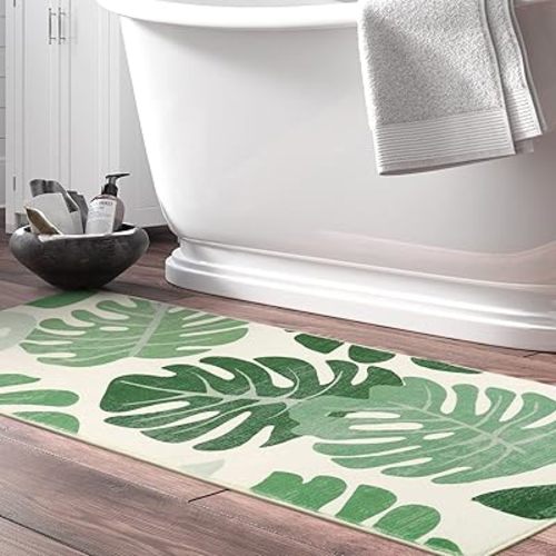 Lukinbox Bathroom Runner Rugs - Green Leaf Non-Slip Washable Bath Mats, Soft Velvet Bath Rug Cute Long Area Rug for Bathroom Kitchen Hallway Bedroom Living Room, 20"x59"