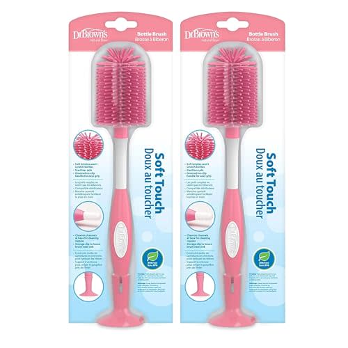 Dr. Brown's Soft Touch No Scratch Baby Bottle Cleaning Brush Nipple Cleaner with Stand and Storage Clip, BPA Free, Pink 2-Pack