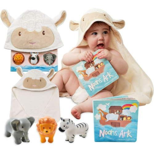 Tickle & Main Noahs Ark Toy Gift Set, 5-Piece Set Includes Book, Hooded Towel, & 3 Squirt Toys for Toddlers & Kids