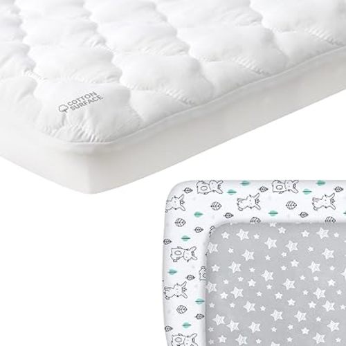 Pack and Play Sheets 2 Pack with Waterproof Cotton Pack and Play Mattress Pad