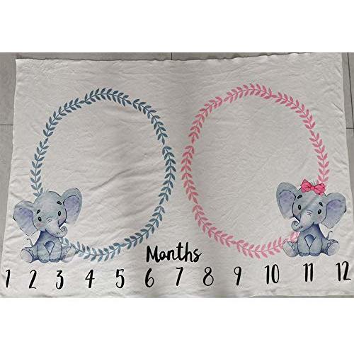 Baby Monthly Milestone Blanket Twins Girl Pink Boy Blue Elephant Newborn Nursery Decor Photo Props Shoots Photography Growing Toddlers Soft Fleece Swaddle Blanket with Wreath Frames