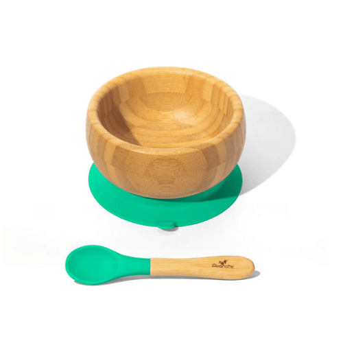 Avanchy Bamboo Stay Put Suction Baby Bowl + Spoon - Green | Traveling Tikes