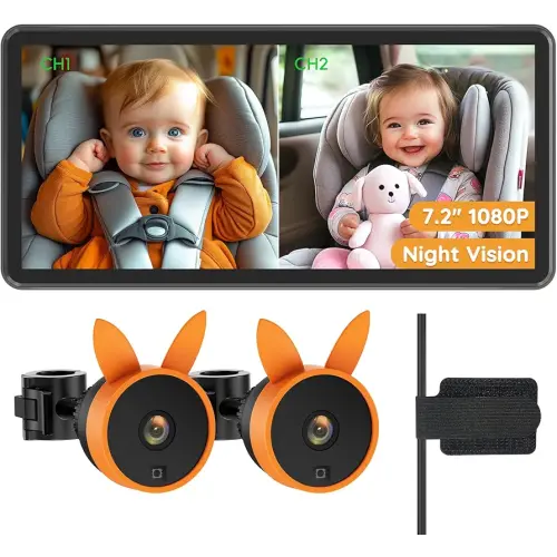 Baby Car Camera for 2 Kids - 7.2" Large HD Display Dual Channel Baby Monitor, Clear 1080P IR Night Vision Car Seat Camera, Easy Install & Secure Rear-Facing View
