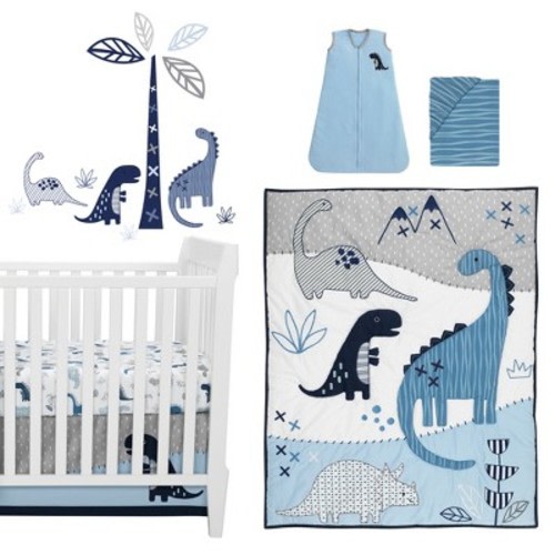 Lambs & Ivy Baby Dino Blue/White Dinosaur Nursery 6-Piece Crib Bedding Set