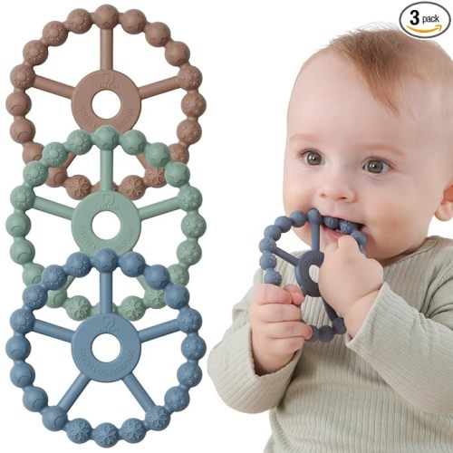 3 Pack Ring Teether Baby Infant Toys, Baby Essentials, Silicone Teething Ring Toys for Babies 0-6 Months, Seposeve Toddler Teethers 6-12 Months 12-24 Months, Infant Teething Relief, Brown Green Blue