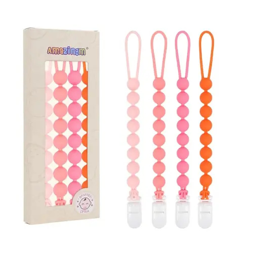 One Piece Design Silicone Pacifier Clip Holder for Baby Boys and Girls,Flexible Pacifier Leashes,Soft Teether Clip for Newborns,4-Pack. (Pink)