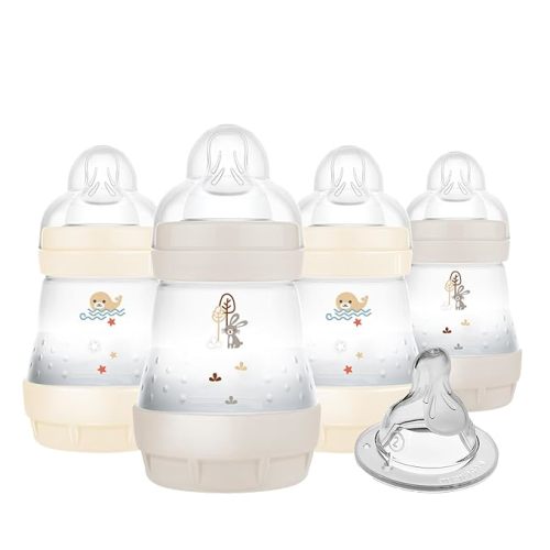 MAM Easy Start Anti-Colic Baby Bottle 5 oz, Slow Flow, Breastfeeding-Like Silicone Nipple Bottle, Reduces Colic, Gas, & Reflux, Easy-to-Clean, BPA-Free, Vented Baby Bottles for Newborns, 0-3 Months - Pack of 5 - Shell & Cotton