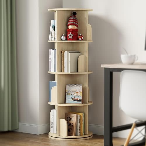 Rotating Bookshelf - Solid Wood Rotating Bookshelf Tower with 4 Drawers, 360 Display Spinning Bookshelf, 4 Tier Revolving Bookcase, Round Corner Book shelf for Small Space, Bedroom, Living Room