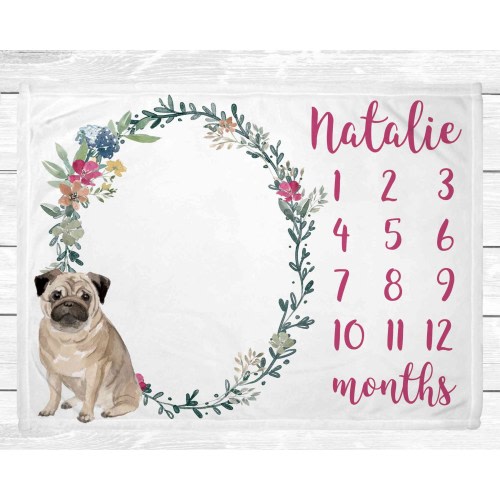 Pug Monthly Baby Milestone Blanket - Monthly Girl Milestone Blanket - Pug Nursery Decor - Baby Age Blanket - Baby Shower Gift