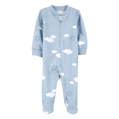 Blue Baby Boy Cloud Print 2-Way Zip Cotton Sleep & Play Pajamas - Blue