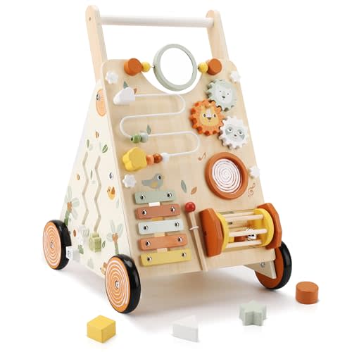 Pithfor Wooden Baby Walker, Baby Push Walker with Activity Center for Girls Boys, Push Walker Toys for Babies Learning to Walk, Sit-to-Stand, for 10-12 Months 1 2 3 Years Old