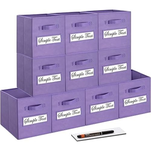 11 Inch Storage Cube,Storage bin,cube storage (Set of 10) Foldable Fabric Cube Storage Bins with 10 Labels Window Cards & a Pen,Baskets Containers for Shelves,Closet Organizers Box,Purple