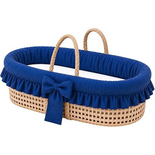 Ababy Denim Moses Basket with Mattress, Soft Cotton Denim Liner & White Polycotton Fitted Sheet – Portable Wicker Baby Basket for Newborns, Classic Blue Nursery Moses Bed