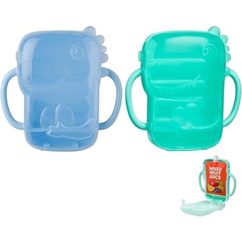 PandaEar 2 Pack Squeeze Proof Food Pouch Holder for Toddlers | Spill-Proof Baby Pouch Holder with Handles | Fits Most Food Pouches & Juice Boxes, Dinosaur Design -Blue/Green