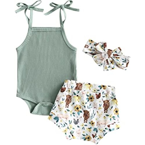 Kuriozud Western Baby Girl Clothes Newborn Infant Girl Strap Tank Romper Top and Cow Print Shorts Set Summer Outfit