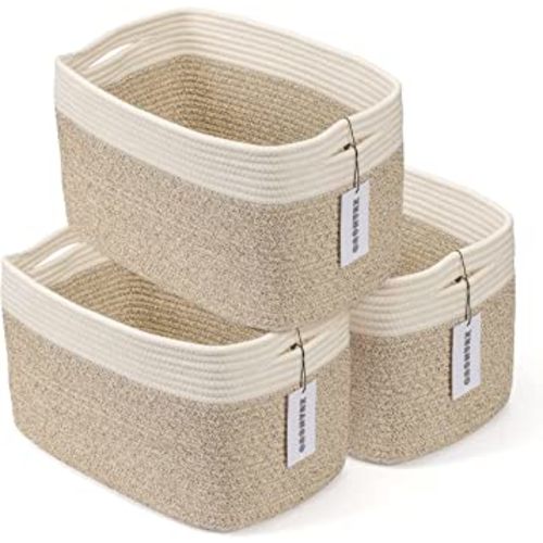 Cotton Rope storage Basket Bins Woven Basket for Organizing Shelves Rectangle Decorative Baskets For storage Clothes Toys Books Towels Square Wicker Nursery basket organizer 3 pack white and brown