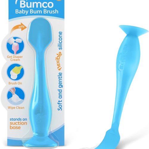 Bumco Baby Bum Brush - BPA-Free Diaper Cream Spatula with Suction Cup Base, Soft & Flexible Silicone, Wipe-Clean, Mom-Invented Diaper Bag Essentials (Blue)