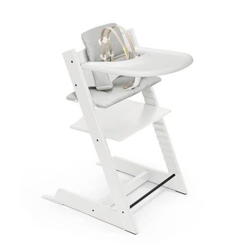 Tripp Trapp High Chair and Cushion with Stokke Tray - White with Nordic Grey - Adjustable, Convertible, All-in-One High Chair for Babies & Toddlers