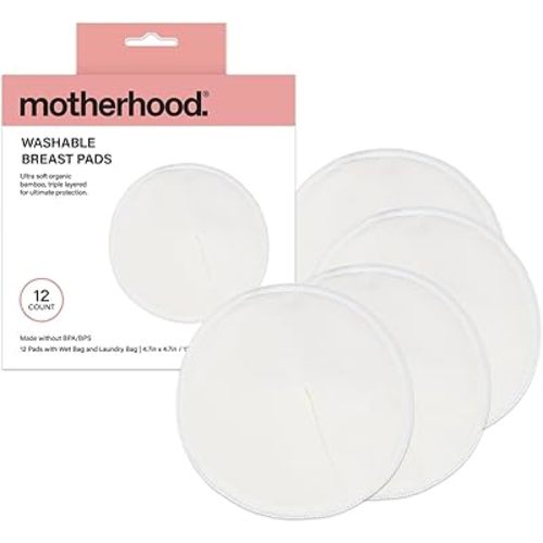 Motherhood Maternity Washable Nursing Pads – Reusable Bamboo Breast Pads for Breastfeeding, Leak Proof & Ultra Absorbent, Soft & Discreet, Includes Wet/Dry Bag & Laundry Bag, 12 Pack
