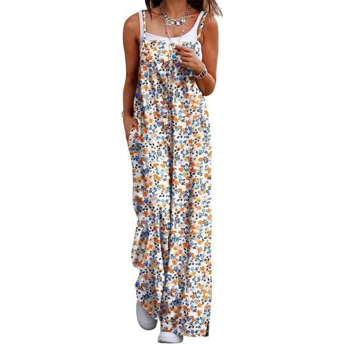 YESNO Women's Summer Boho Casual Jumpsuits Wide Leg Overalls Floral Print Baggy Rompers with Pockets PZZCR