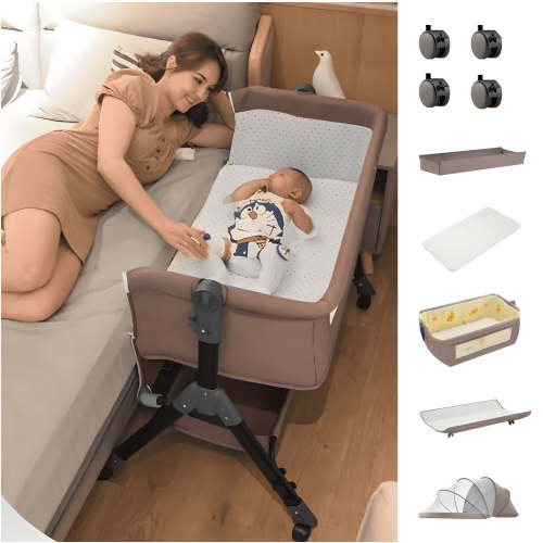 4-in-1 Baby Bassinet ,Upgrade baby crib with Adjustment Heights& Diaper Changer,for Newborns 0-24 Months, Unisex,Khaki