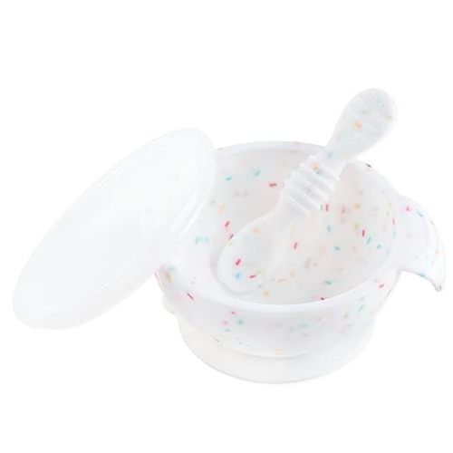 Bumkins Baby Bowls, Silicone Baby Feeding Set, Suction Bowls for Baby and Toddler with Spoon and Lid, First Feeding Set, Platinum Silicone Bowl for Babies 4 Months