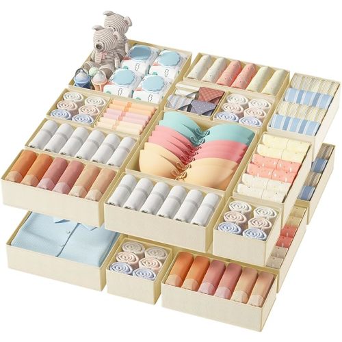DIMJ Drawer Organizer Clothes, 18 Pack Dresser Organizer, Foldable Closet Organizers and Storage, Fabric Dresser Bins, Drawer Dividers for Nursery, Baby Clothes, Underwears, Sock (Beige)
