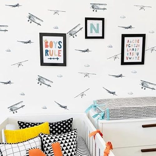 Boy Vintage Planes Wall Decals - Peel and Stick, Watercolor Blue Airplane and Clouds Wall Sticker for Baby Boys' Room, Kids' Playroom, Gender Neutral Nursery Wall Art