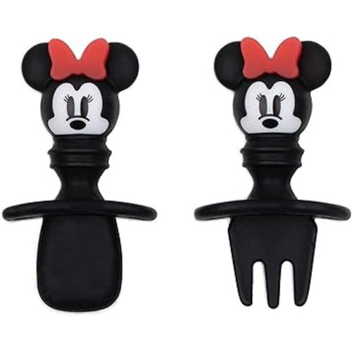Bumkins Disney Baby Utensils Set, Chewtensils Silicone Spoons for Dipping, Self-Feeding, Baby Led Weaning, Trainer Learning, First Stage Eating, Soft Fork and Spoon, Babies 6 Months, Minnie Mouse