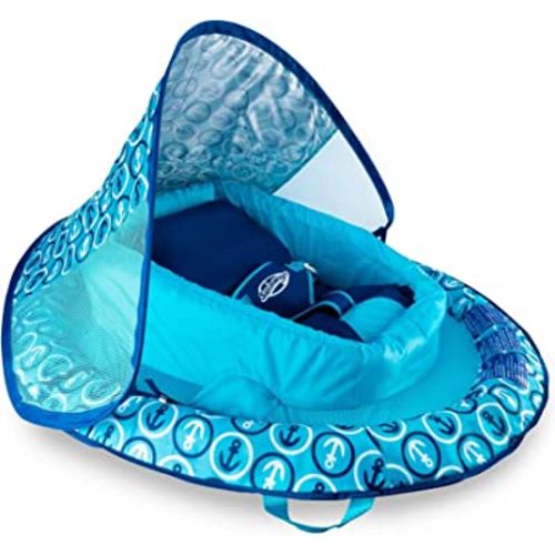 SwimWays Infant Baby Spring Float with Protective and Adjustable Sun Canopy, For Infants 3 to 9 Months to Float in Swimming Pools, Blue Anchor