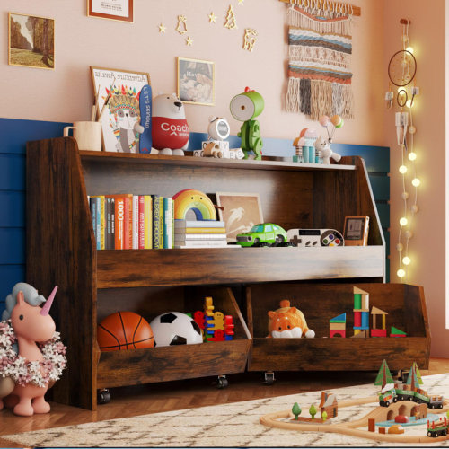 Ebern Designs 2-Tier Toy Storage & Organizer Bookshelf with Cubbies & 2 Removable Drawers - Kids Room Storage Solution for Toys, Books & Decor & Reviews | Wayfair
