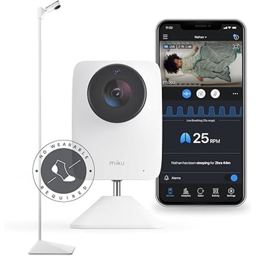 Miku Pro Upgraded Smart Baby Monitor with Camera, Wall Mount and Floor Stand, Real-Time Breathing and Sleep Tracking, Contact-Free Alerts, Sleep Analytics for Infants, Requires Paid Membership