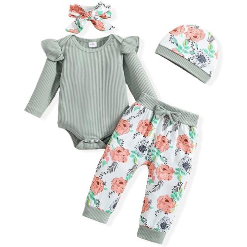 Baby Girl Clothes Infant Girl Outfit Newborn Girl Romper Summer Spring Pants Set Cute Hat Headband - 12-18 Months - Green-1