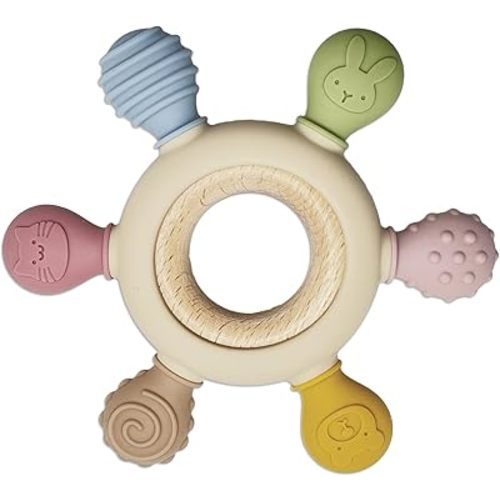 Silicone Teething Toys, Natural Wooden Ring with Silicone Teething Cover, Teething Toys for Babies 0-6 Months, BPA Free, Infant Toys for Teething Relief, Baby Chew Toys, Wooden Baby Toy Gifts