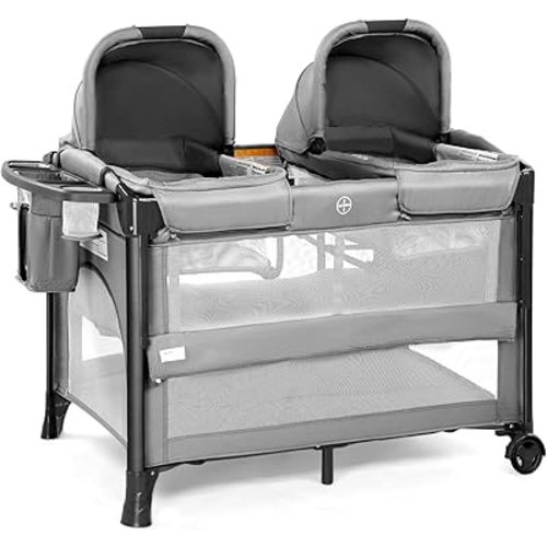 JOYMOR Twin Bassinet for Baby, Bedside Bassinet, Convertible to Bedside Sleeper and Playpen, with Wheel, Brake, Foldable Side Sleeper, Gray