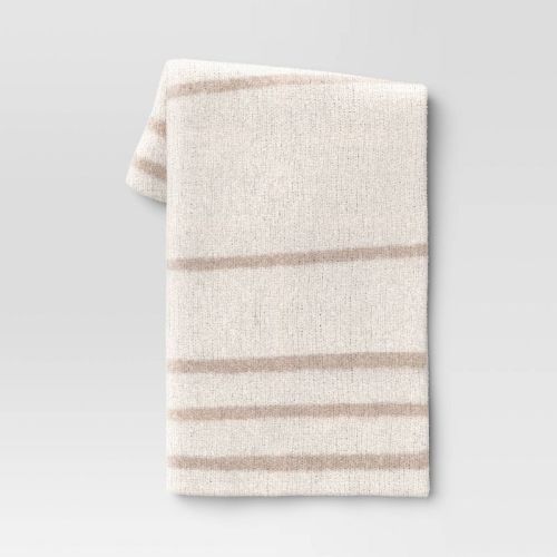 Cozy Feathery Knit Border Striped Throw Blanket - Threshold™, Color: Beige/Ivory