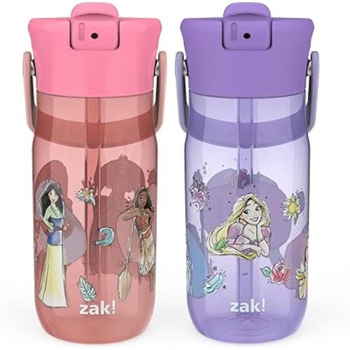 Zak Designs Harmony Disney Princess Water Bottle for Travel or At Home, 18oz Recycled Plastic is Leak-Proof When Closed with Straw Lid and Carry Handle, 2-Pack (Disney Princess)