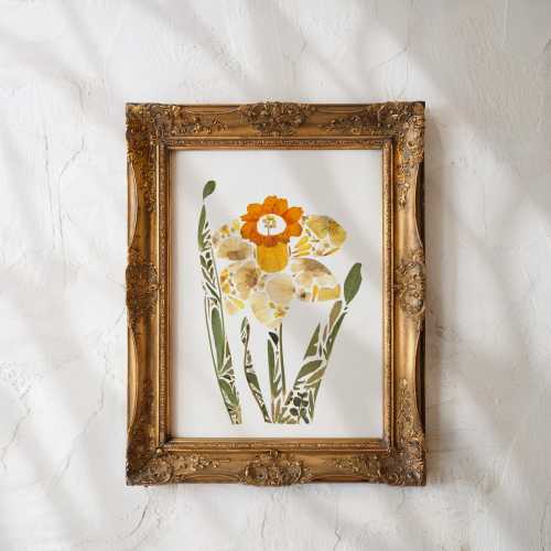 Daffodil Print Nursery, Daffodil decor, March Birth Month Flower Print, Pressed flower art print, Yellow Daffodil Art