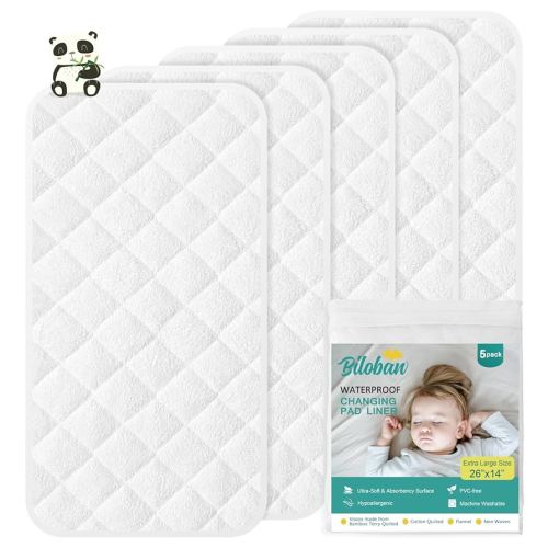 Changing Pad Liner - 5 Pack (Improved Thickness) 14" x 26" Superior Viscose Made from Bamboo Terry Surface, Waterproof & Absorbent Diaper Changing pad Liners