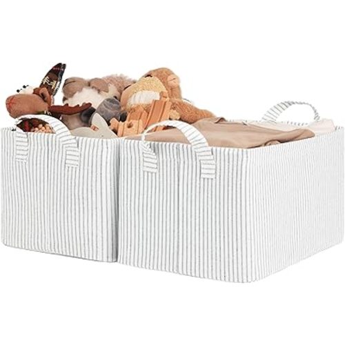 StorageWorks Storage Bins, Shelves Baskets for Organizing, Fabric Closet Organizers with Handles, Metal Frame, Gray and White Stripes, 2-Pack