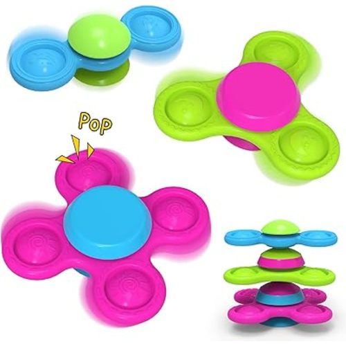 Silicone Suction Cup Spinner Baby Bath Toys for 1 Year Old Boy Girl Gifts,No Hole Stackable Baby Bath Toys 10-18 Month Toddler Sensory Travel Toys High Chair Toy, Easter Basket Stuffers