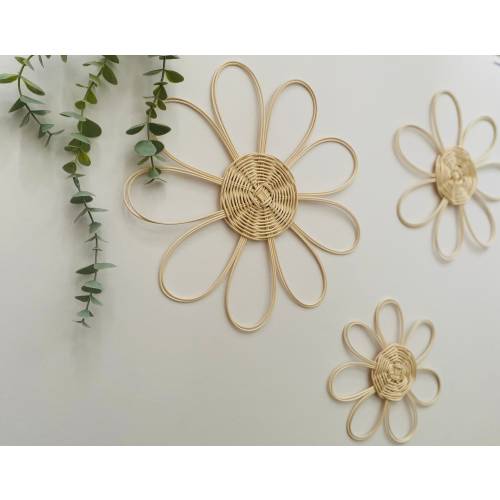 Handmade Set of 3 Rattan Flower Wall Hanging | Nursery Wall Decor | Boho Wall Decor | Wicker Daisy Shelf Decor | Kitchen Hall Room Decor