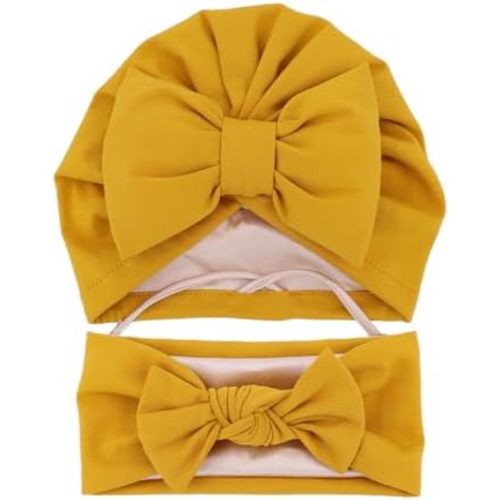 Jomila Bundle of Bonnet and Headband for Baby Newborn Silk Satin Lined Beanie Toddler Infant Girls Adjustable Hat 0-6 Months