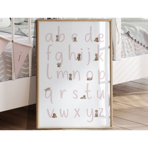 GOLDENDOODLE Puppy Alphabet Poster, Goldendoodle with pink bows ABC Poster Nursery Decor for a Girl, Pastel Pink Alphabet Poster, Digital