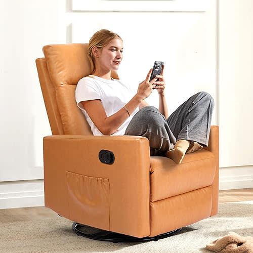 Sweetcrispy Recliner Chair, 360 Swivel Rocker Chair for Adults, Glider Rocker Recliners, Nursery Chairs for Living Room, High Back, Upholstered Deep Seat,Brown