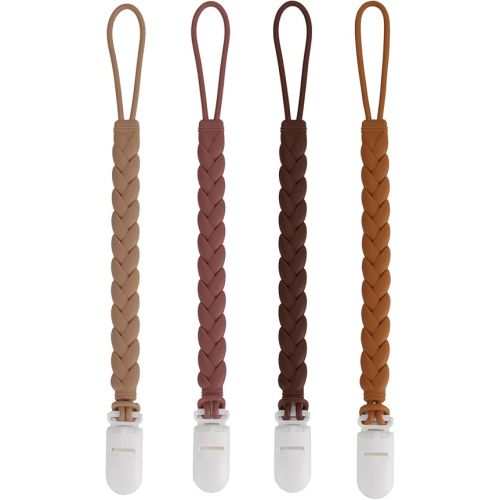 Stylish Silicone Pacifier Clips 4-Pack for Baby Boys and Girls, Woven Rope Flexible Design, Rust-Free Holders for Teething Relief and Baby Essentials, Safe for Newborns (Brown)