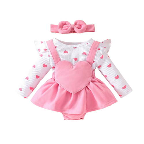 Zwiiyzr 0-18M Newborn Baby Girl Clothes Outfits Long Sleeve Bodysuit Romper Suspender Dress Headband Coming Home Outfit Pink
