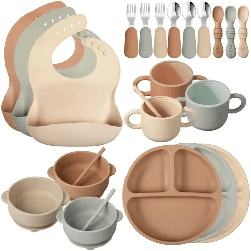 24 Pack Silicone Baby Feeding Set Baby LED Weaning Supplies Includes Suction Divided Plates Soft Bowl Spoons Forks Adjustable Bib Snack Cup and Straws(Walnut Color, Beige, Smoky Gray)