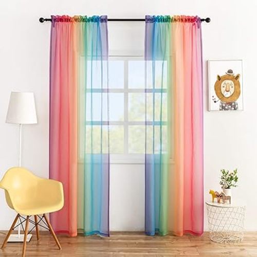 Anjee Rainbow Sheer Curtains 63 inches Long Ombre Colorful Faux Linen Texture 2 Panels Rod Pocket Semi Sheer Gauze Voile Drapes for Kids Bedroom Playrooms Nursery, 52 x 63 Inches
