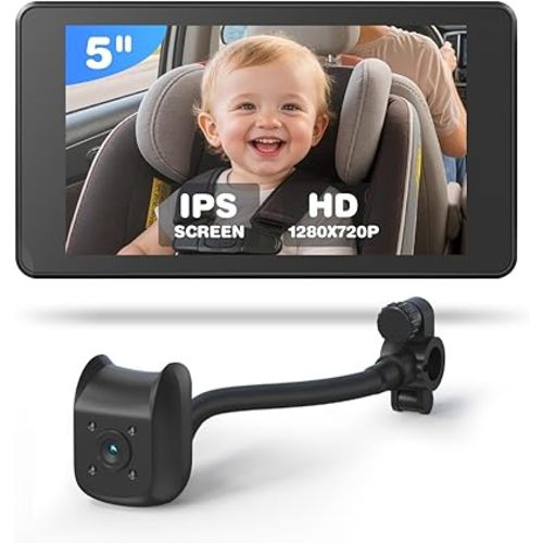 Baby Car Camera Monitor | 5" 1080P IPS Suction Cup Screen - 360° Rotation IR Night Vision 3X Zoom - USB Powered for Rear Facing